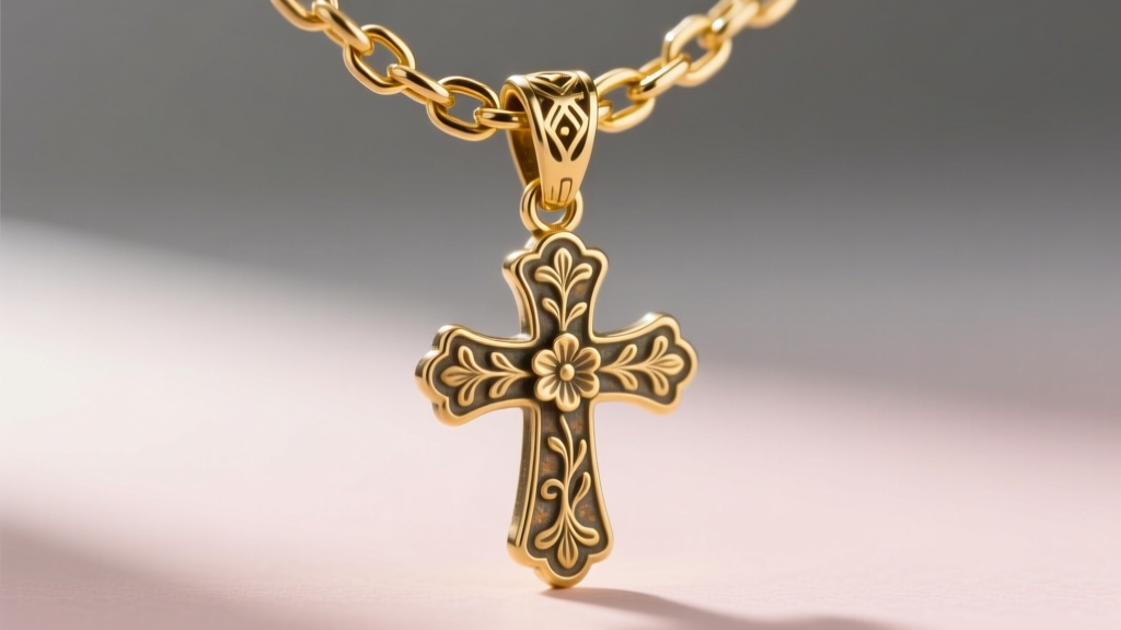 Macro detail of a 2.0mm 18k yellow gold Figaro chain threading through the oversized bail of a vintage-inspired cross pendant