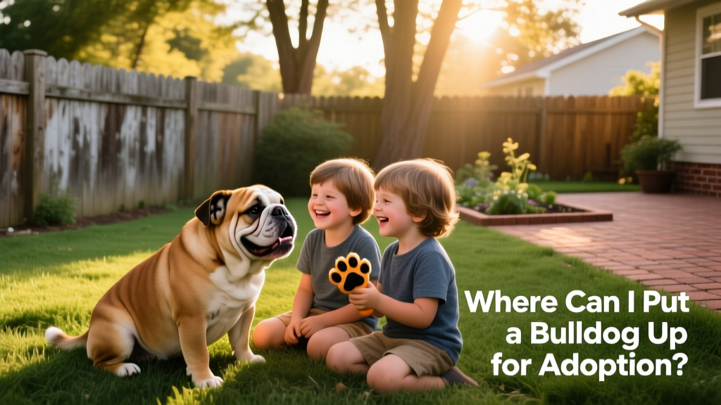 A happy Bulldog playing gently with children in a fenced backyard, symbolizing a successful, loving rehoming outcome
