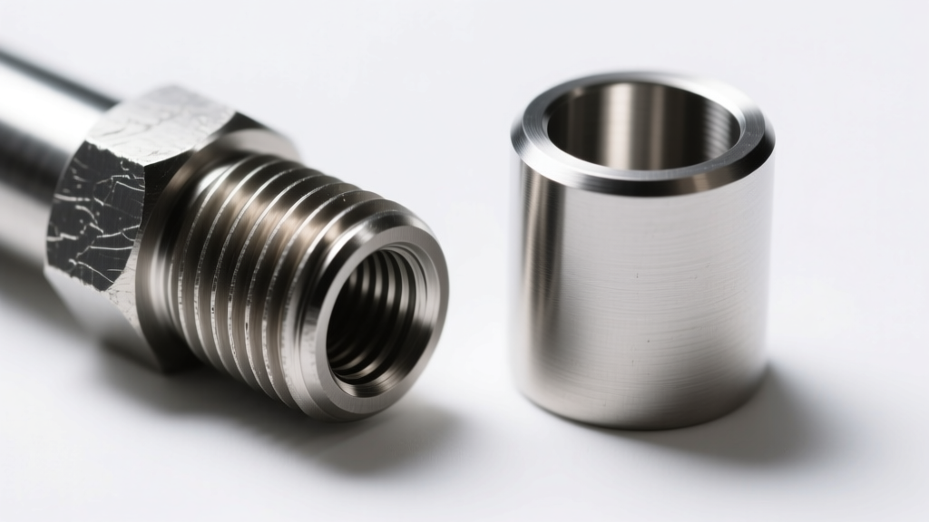Macro comparing an externally threaded post with rough grooves next to a smooth internal titanium post on a white surface