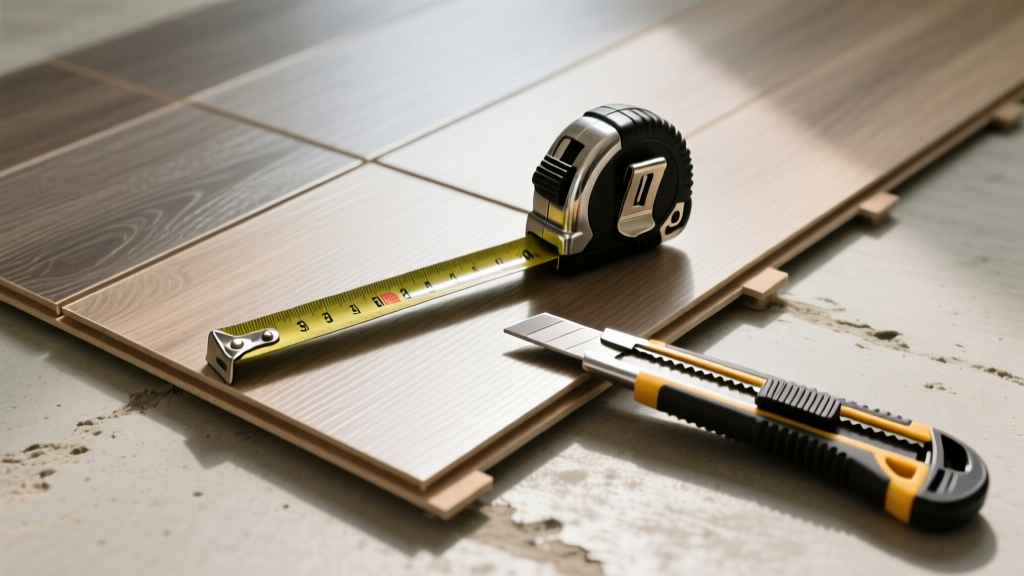 Textured sheet vinyl and click-lock luxury vinyl planks laid on a concrete subfloor with a tape measure and utility knife
