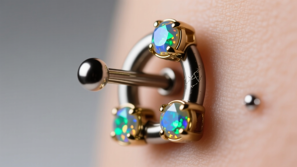 Macro photo of a triple forward helix piercing with 18-gauge titanium threadless studs and bezel-set opals under soft studio lighting