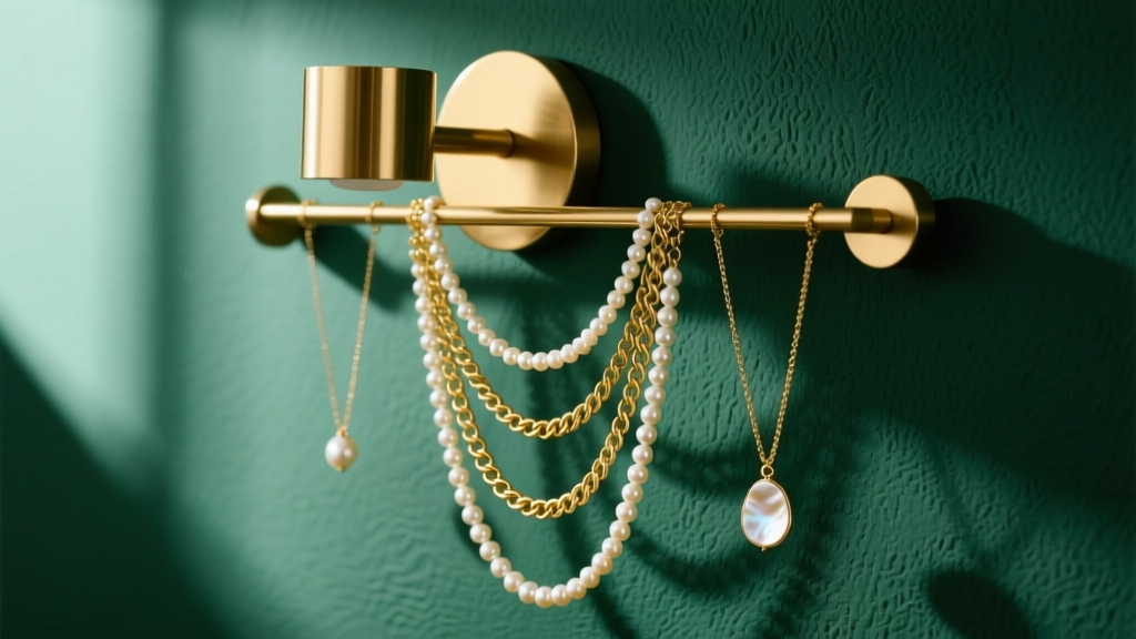 Brass wall sconce jewelry holder on dark emerald wall, displaying layered gold chains and pearl necklaces in soft natural lighting.