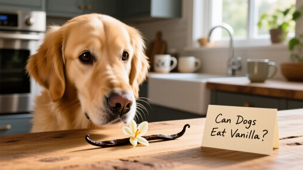 Close-up of a curious dog sniffing a vanilla bean on a kitchen counter