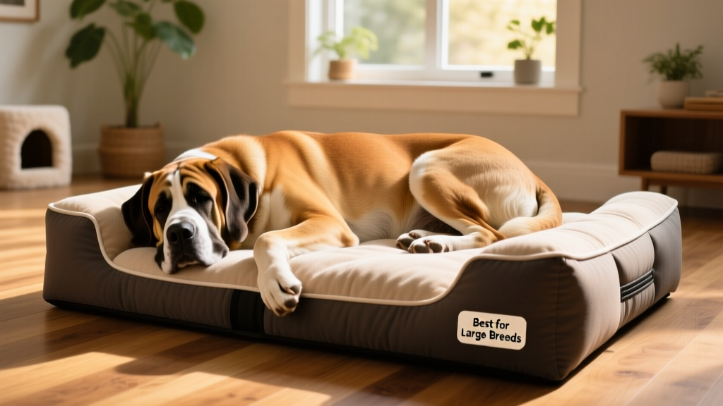 Large dog resting comfortably on a supportive orthopedic dog bed with plush bolsters
