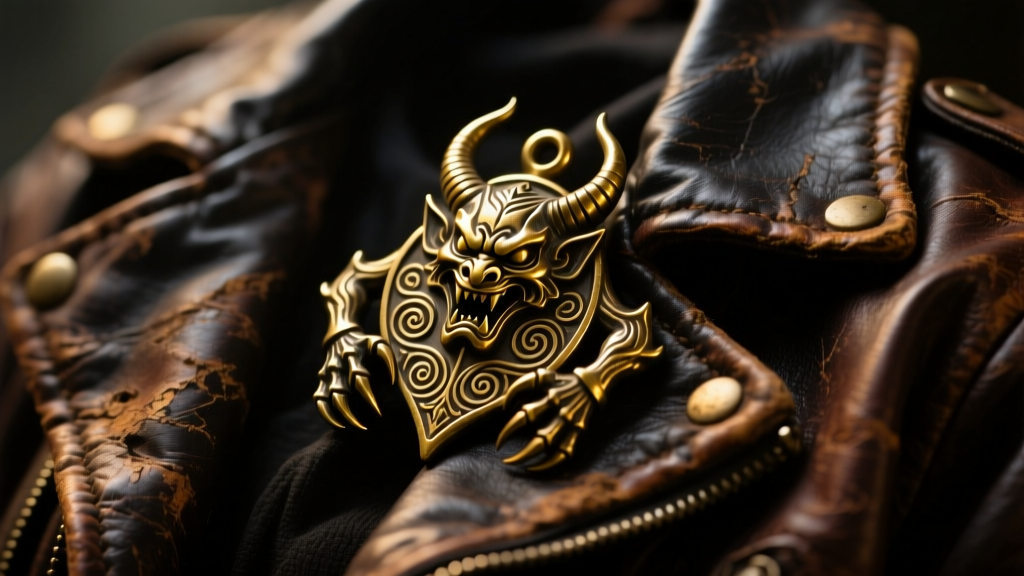 Close-up of a weathered brass demon amulet replica resting on a worn leather jacket, moody lighting, cinematic hunter aesthetic.