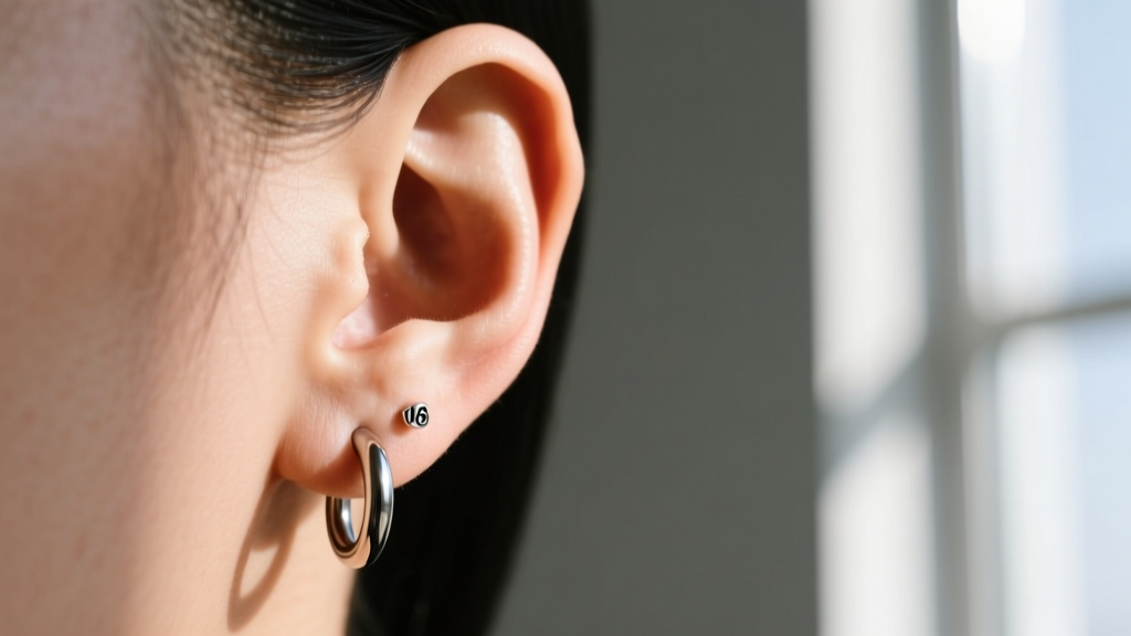 Side profile of an ear wearing a 16-gauge titanium huggie hoop, showcasing a healthy, irritation-free healed piercing lobe.