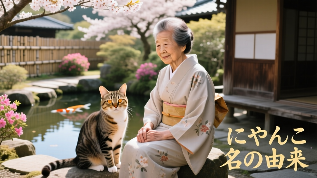 Tabby cat sitting calmly beside an elderly Japanese woman in a sunlit garden