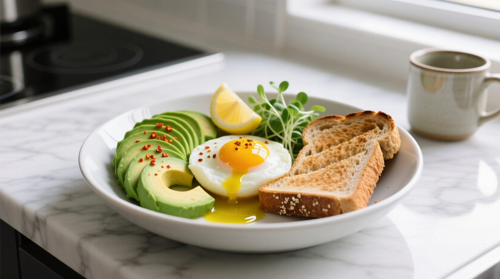 Colorful breakfast bowl with eggs, avocado, and whole grain toast