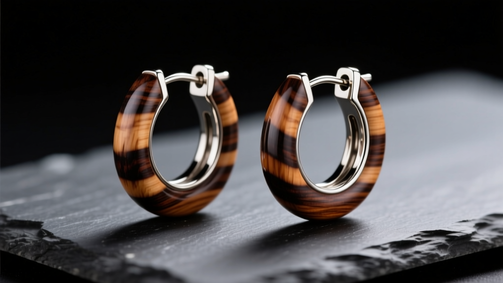 Macro shot of polished zebrawood hoop earrings with titanium hinges resting on dark slate under soft directional studio lighting.