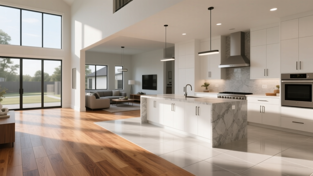 Interior of a modern Lennar model home featuring upgraded wide-plank engineered hardwood flooring transitioning into large-format porcelain tile in the kitchen