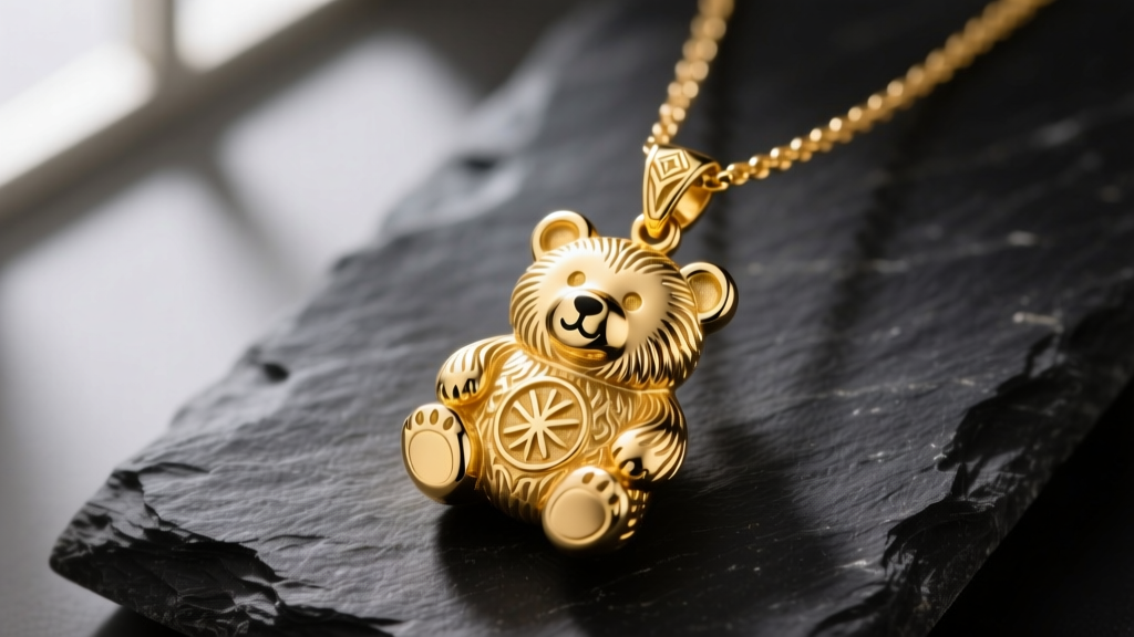 Close-up of a 14k solid gold lucky bear necklace pendant on dark slate, highlighting intricate engraving and soft studio lighting.