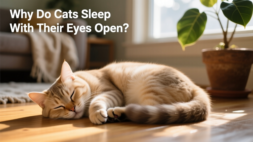 Close-up of a relaxed cat sleeping peacefully with eyes slightly open, soft lighting