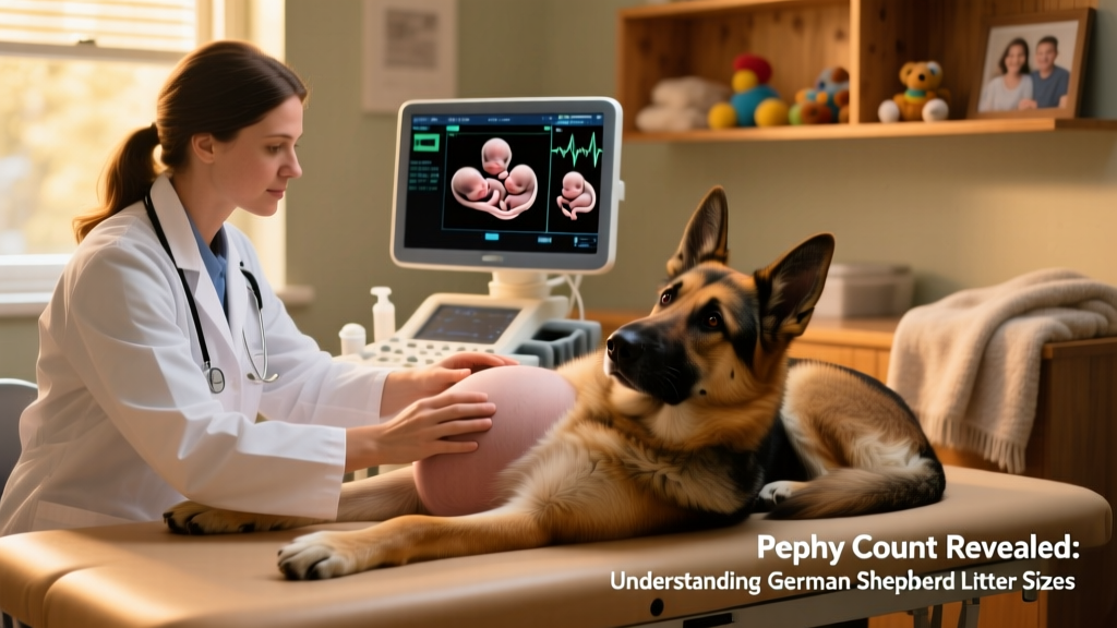 Veterinarian performing an ultrasound on a pregnant German Shepherd to monitor puppy development and estimate litter size