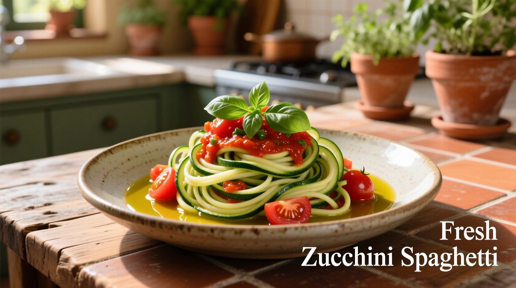 Fresh zucchini spaghetti with tomato basil sauce