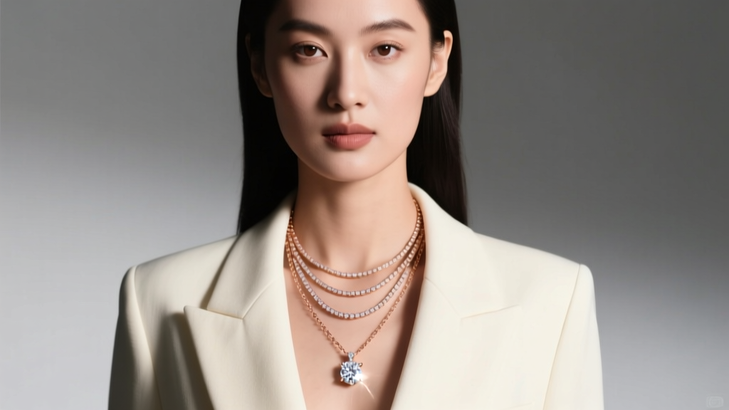 Elegant woman wearing a layered 14k rose gold Eva pendant necklace with a blazer, soft studio lighting highlighting diamond facets