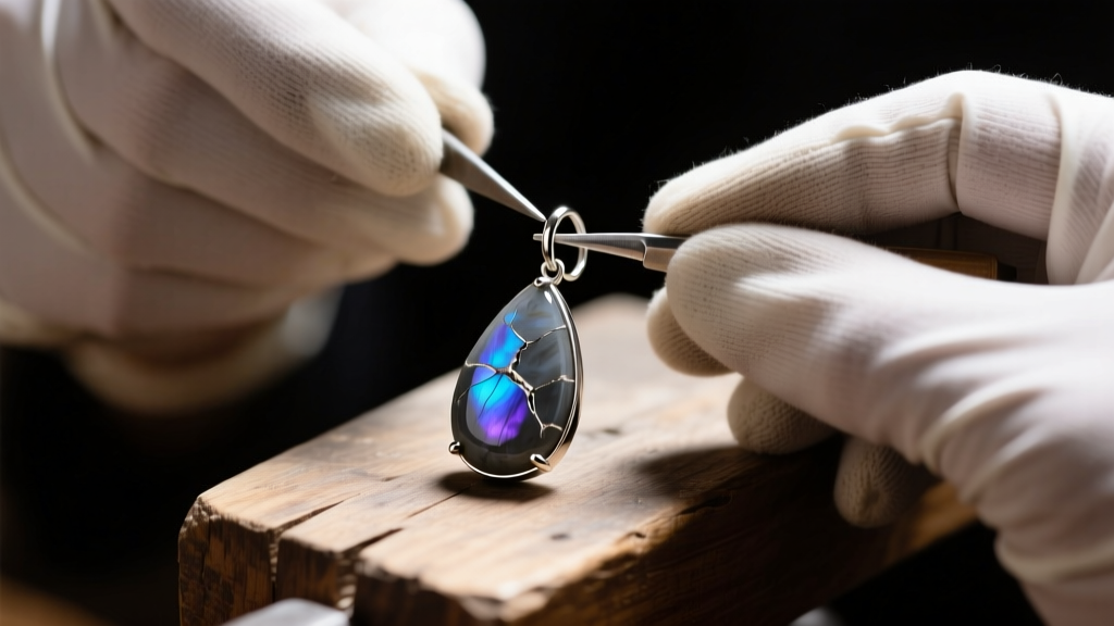 Close-up of a jeweler inspecting a silver prong setting holding a chipped grey labradorite drop earring on a wooden workbench.