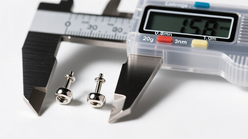 Macro shot of 20-gauge and 18-gauge earring posts measured with a digital caliper, showing the exact metal thickness difference.