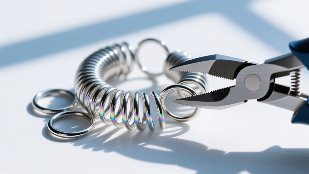 Top-down view of a coiled 18-gauge niobium wire spring sliced with flush cutters, revealing perfectly flat, seamless jump rings.