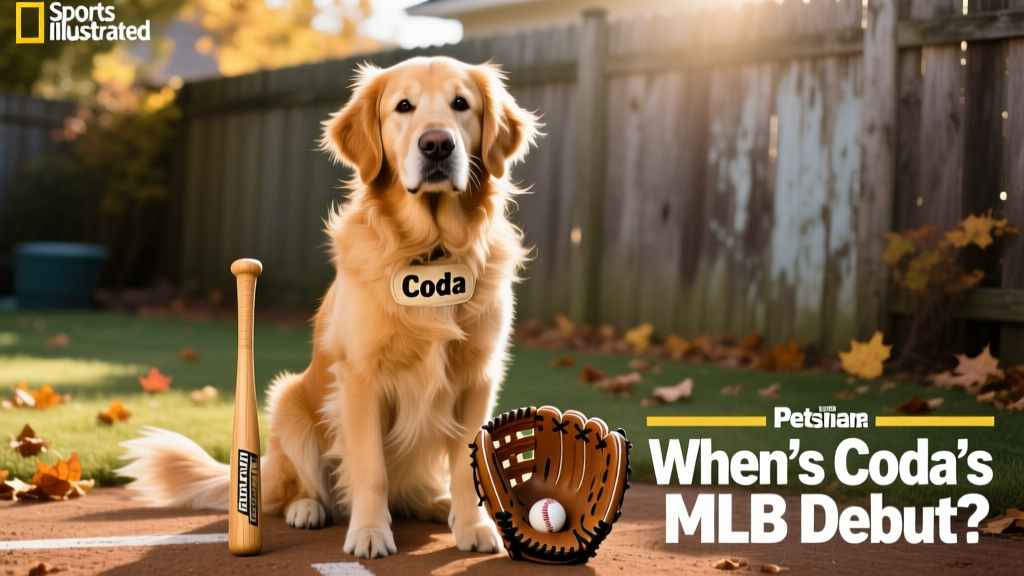 Coda sitting upright beside a baseball glove and mini bat, looking proudly at the camera