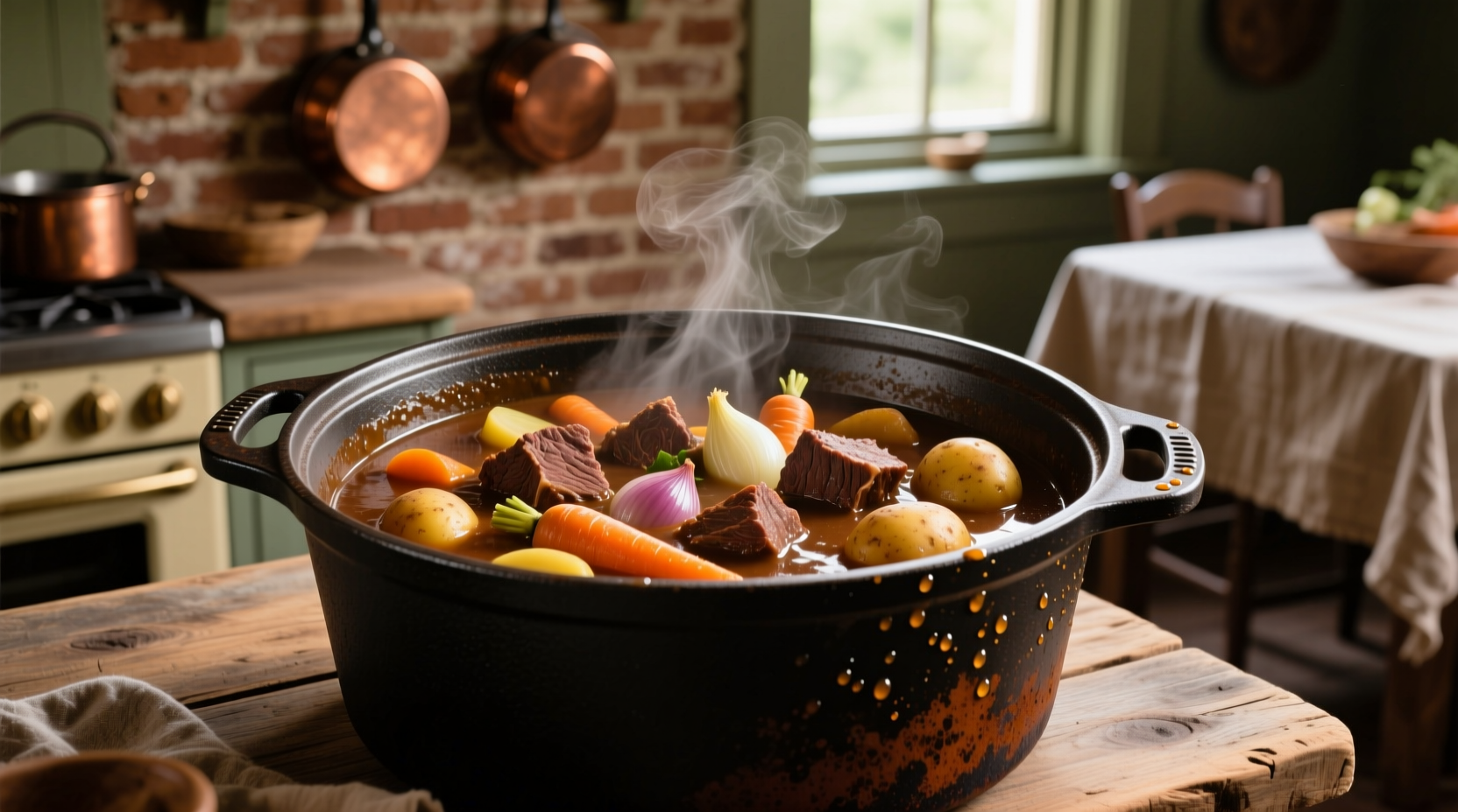 Beef stew simmering in Dutch oven with vegetables