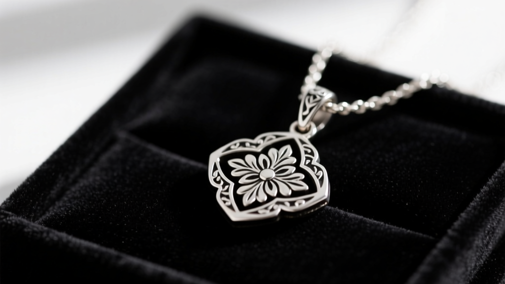 Close-up of a sterling silver Chrome Hearts Tiny E pendant on black velvet, showing floral engravings and dark oxidation.