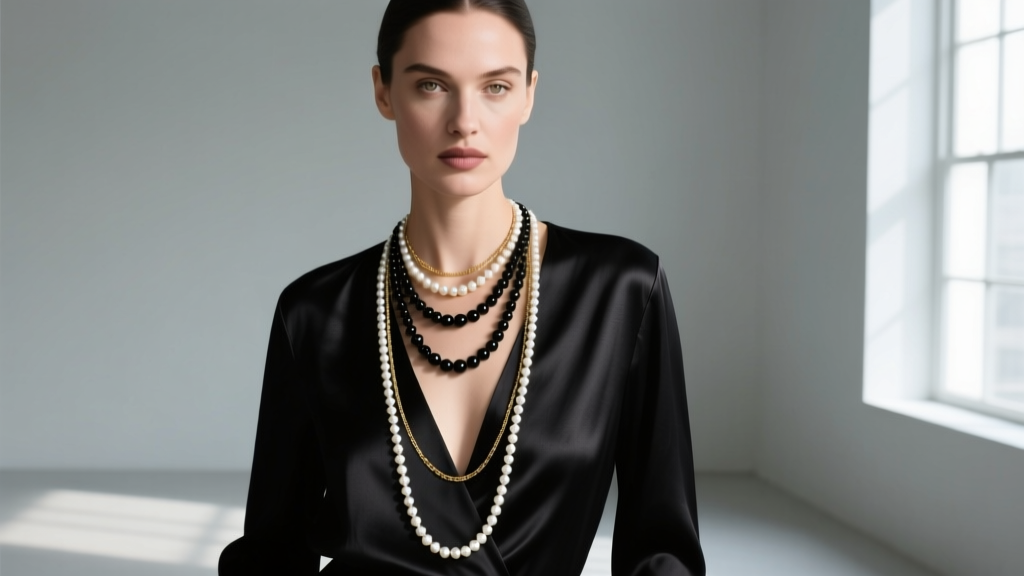 Woman wearing a layered black and white pearl necklace with a delicate gold chain, paired with a deep V-neck black silk blouse.