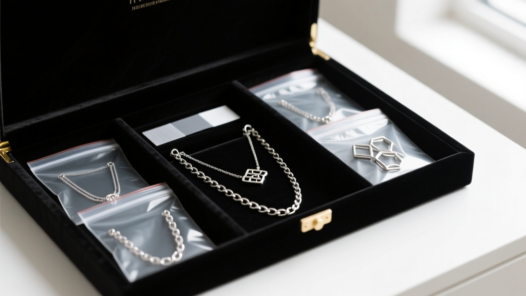 Archival box with polyethylene zip bags holding silver chains, and anti-tarnish strips placed neatly between the velvet dividers.