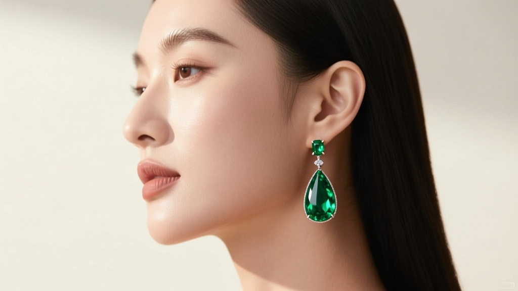 Side profile of a woman wearing elongated pear-shaped emerald dangles that elegantly frame and soften her square jawline features