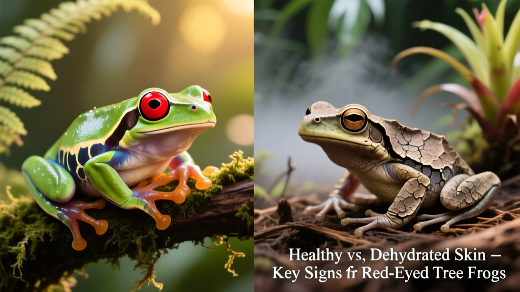 A side-by-side comparison showing healthy red-eyed tree frog skin texture versus dry, flaky skin indicating dehydration or poor husbandry