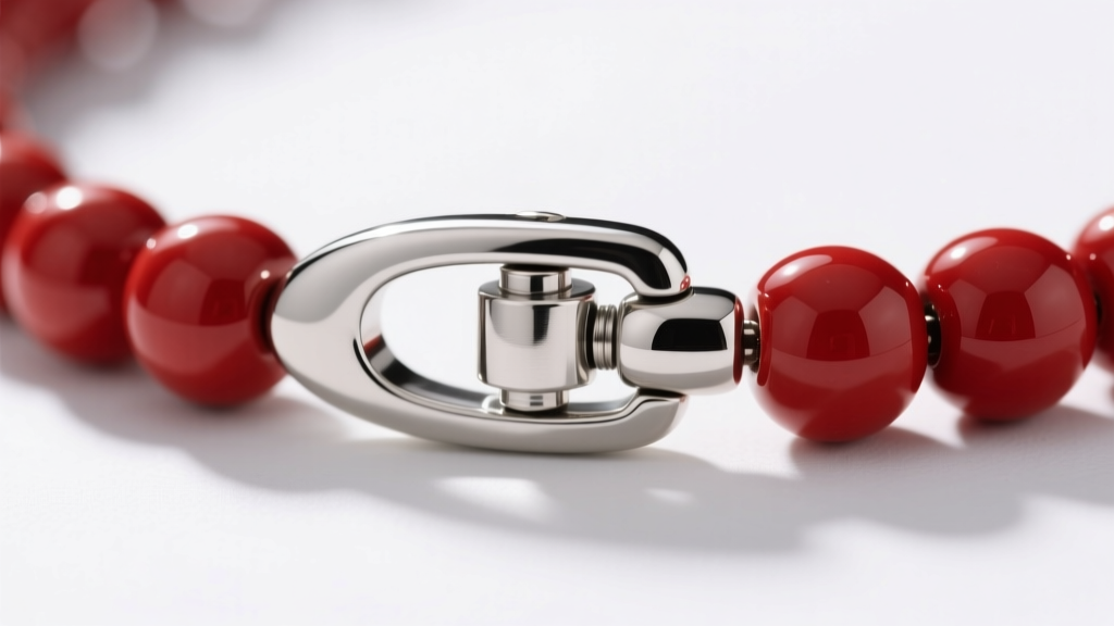 Side profile of a 316L stainless steel magnetic clasp on a red ceramic bead necklace, highlighting the seamless mechanical joint.