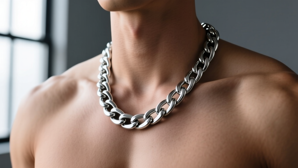 Close-up of a 20-inch silver Cuban link chain resting on a man's collarbone, shot against a neutral grey background in soft light