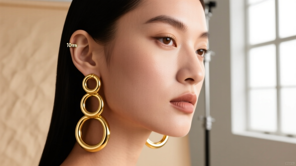 Profile of a model wearing stacked gold hoop earrings in 10mm, 20mm, and 40mm diameters against a soft beige studio backdrop.