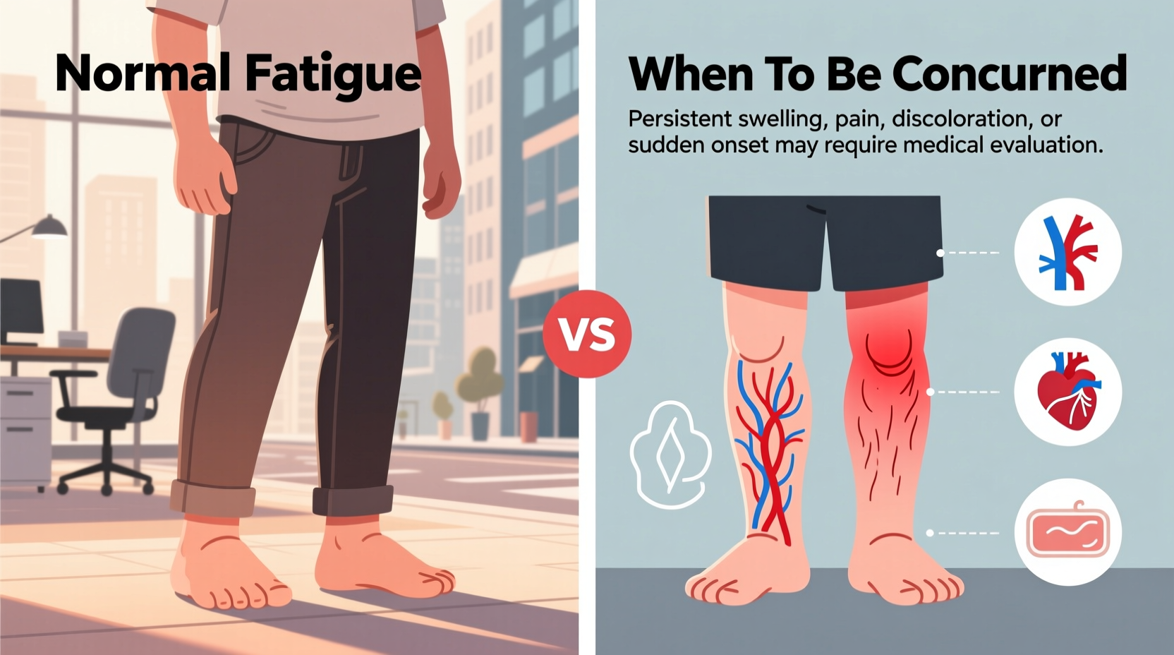 why do my feet swell at the end of the day when to be concerned vs normal fatigue