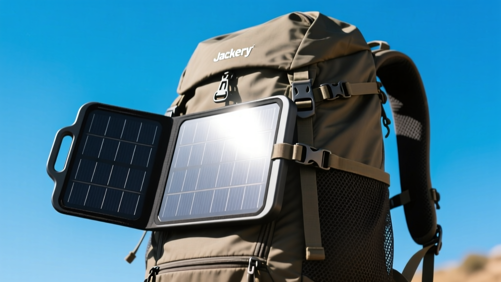 Folded Jackery SolarSaga 40 Mini solar panel strapped to the exterior mesh pocket of a hiking backpack under clear blue sky and direct sunlight