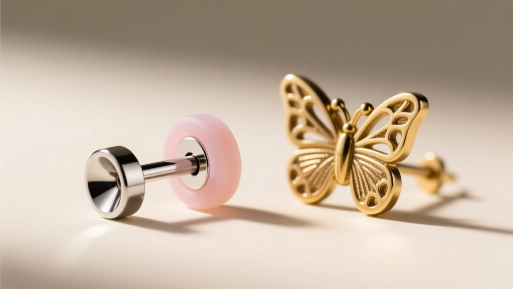 Close-up of a 316L steel earring post with a silicone support disc next to a standard brass butterfly backing for lobe support.