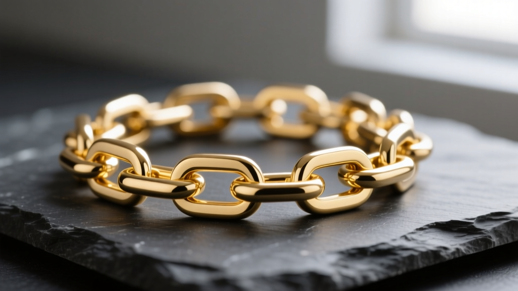 Macro photography of interlocking 14k yellow gold curb chain links resting on dark slate, highlighting the flat, polished surfaces.