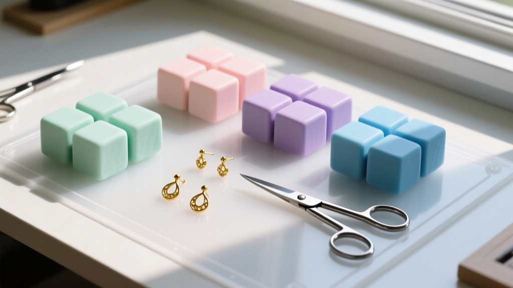 Overhead view of a crafting desk with pastel polymer clay blocks, steel cutters, and gold earring posts on a silicone mat