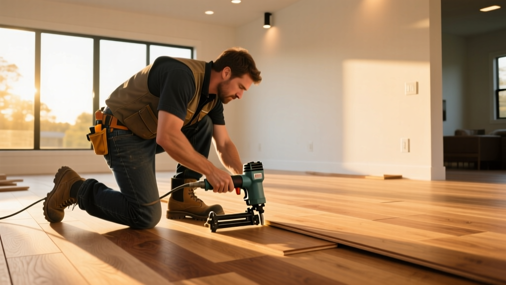 Flooring installer using a pneumatic nailer to secure wide-plank oak hardwood over a plywood subfloor in a sunlit room