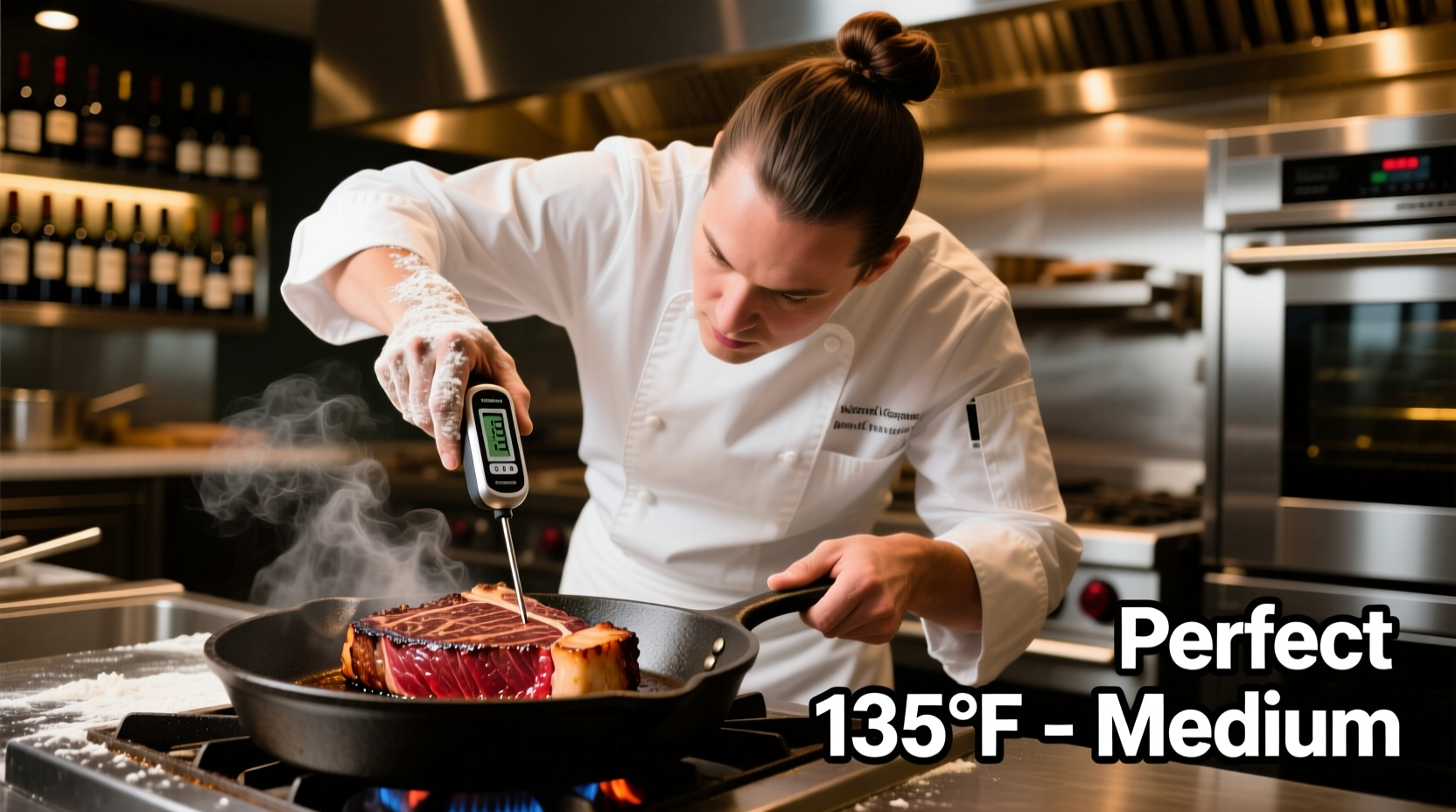 Professional chef checking steak temperature with thermometer