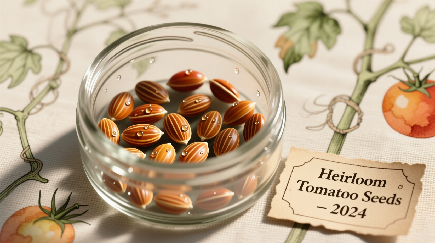 Tomato seeds in labeled glass storage container