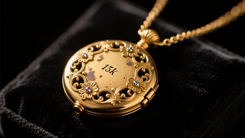 Close-up of a tarnished Victorian 15k gold locket necklace resting on dark velvet, illuminated by soft directional warm light