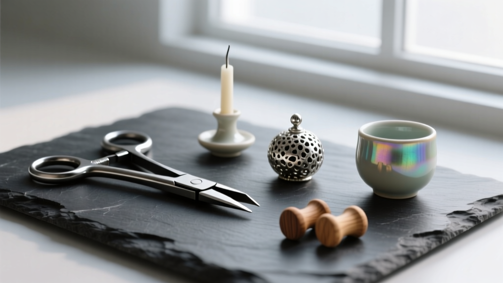 Flat lay of hemostats, a ceramic taper, oxidized silver, and wood ear plugs on dark slate, macro photography.