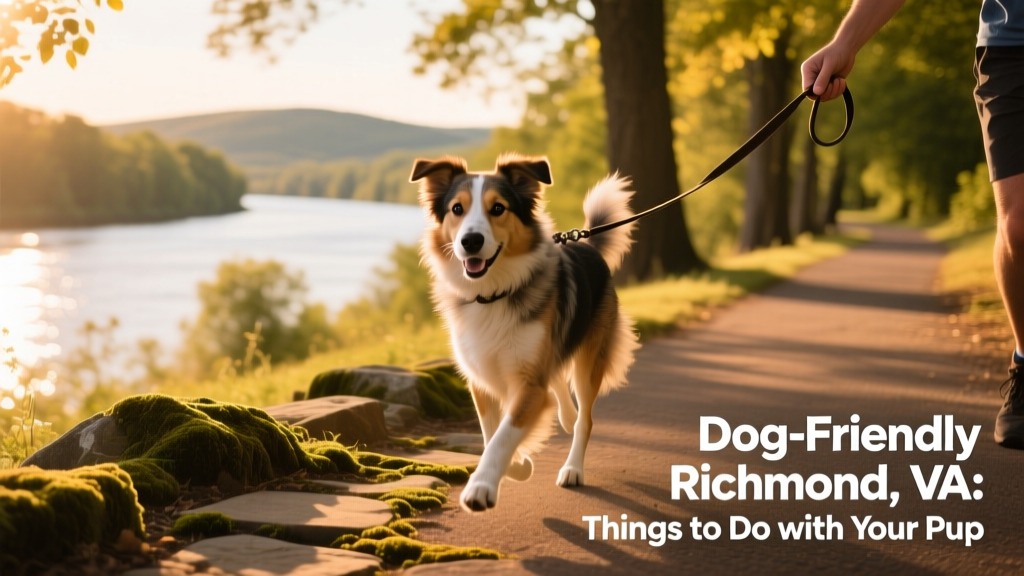A mixed-breed dog trotting along a tree-lined section of the Virginia Capital Trail with the James River visible in the distance