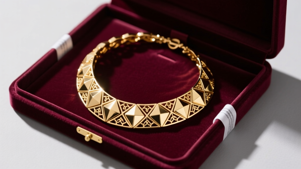 Gold statement collar necklace stored flat in a velvet-lined box with anti-tarnish strips, captured from a top-down perspective