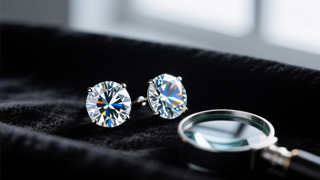Macro shot of brilliant-cut diamond stud earrings on dark velvet next to a 10x jeweler's loupe and brass tweezers.