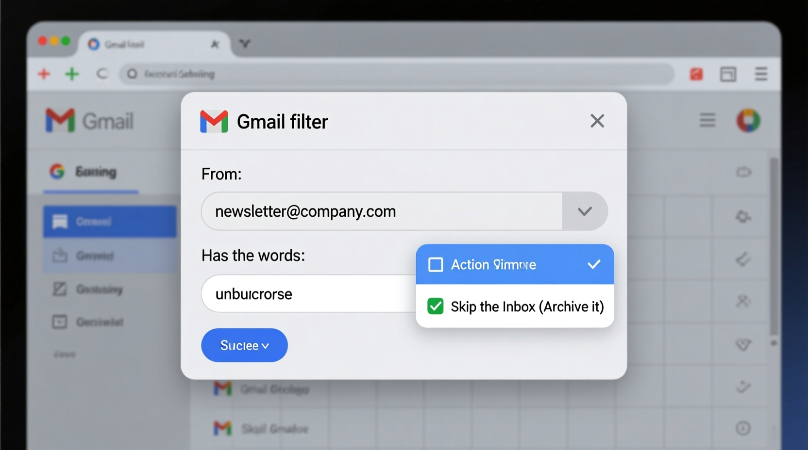 Screenshot of Google Apps Script editor showing a clean, annotated function named 'archiveBySenderAndKeyword' with clear variables for SENDER_DOMAINS, KEYWORDS, and DAYS_OLD