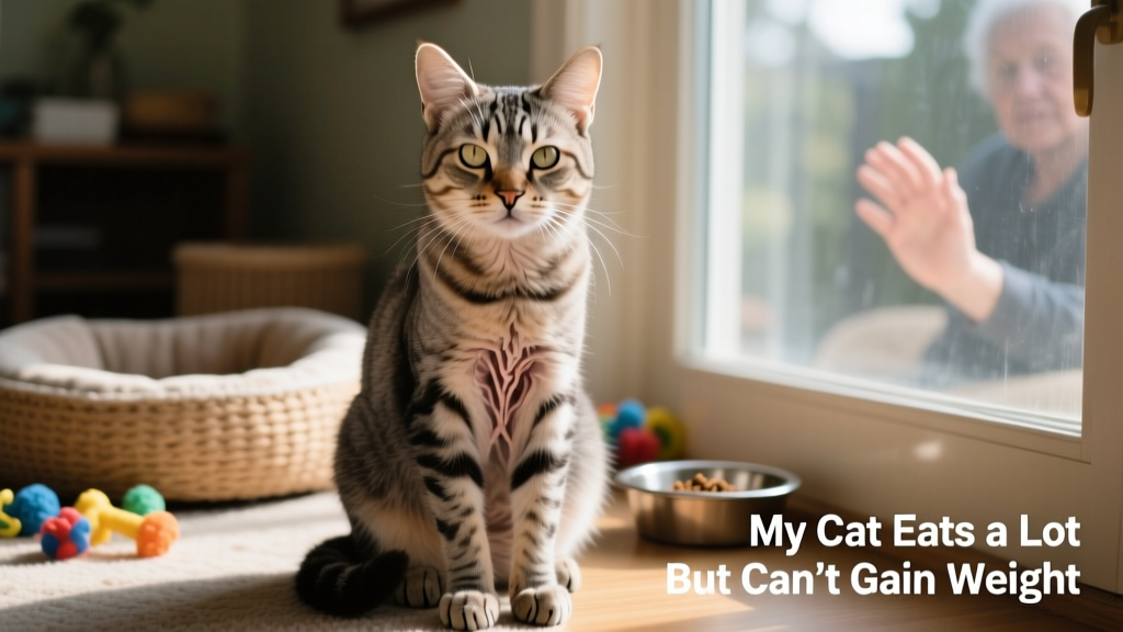 Senior cat sitting upright, alert but visibly lean with visible ribs and spine