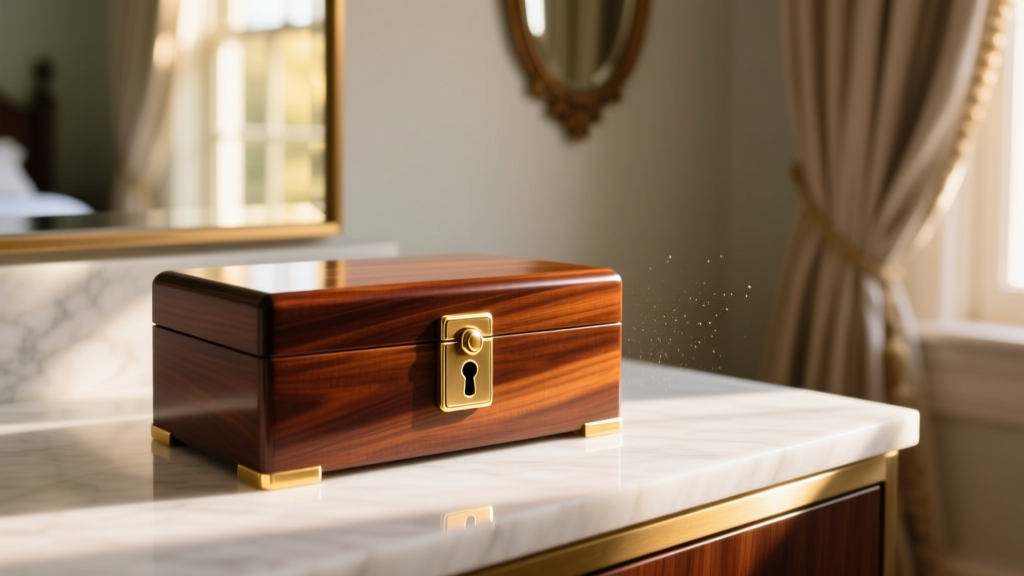 Elegant mahogany jewelry box with a polished brass key lock resting on a marble vanity, bathed in warm morning sunlight.