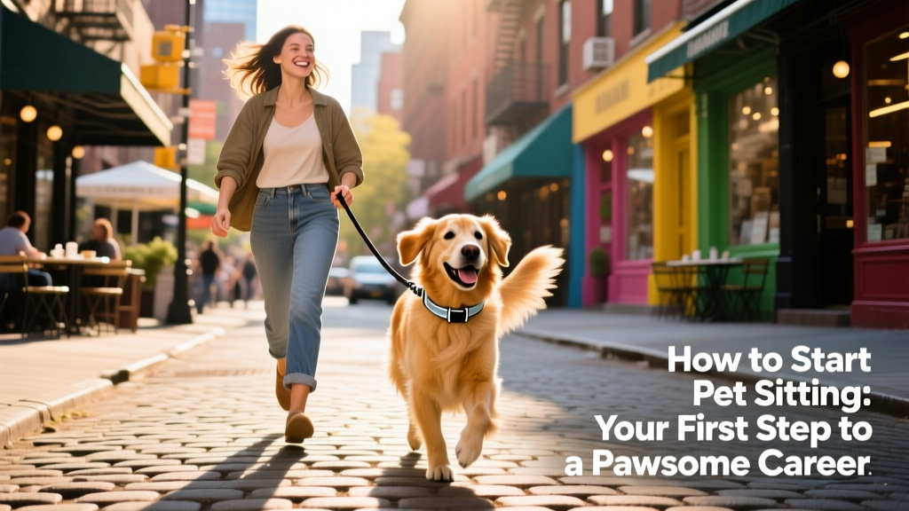 A person walking a happy dog through a vibrant city street in New York