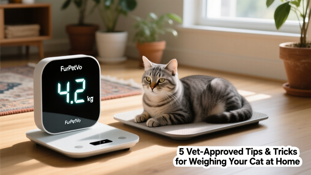 FurPetVo pet scale showing a clear digital readout beside a relaxed cat sitting on its platform